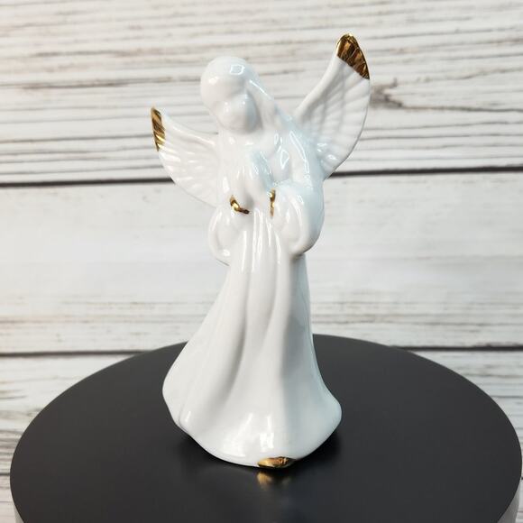 White Porcelain Angel Gold Accents Holiday Décor Figurine - Picture 5 of 7